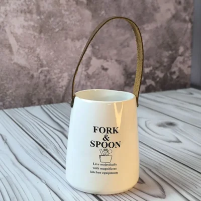 جای قاشق و چنگال سرامیکی با دسته چرم