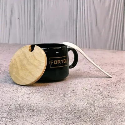 ماگ درب چوبی قاشق دار طرح FOR YOU