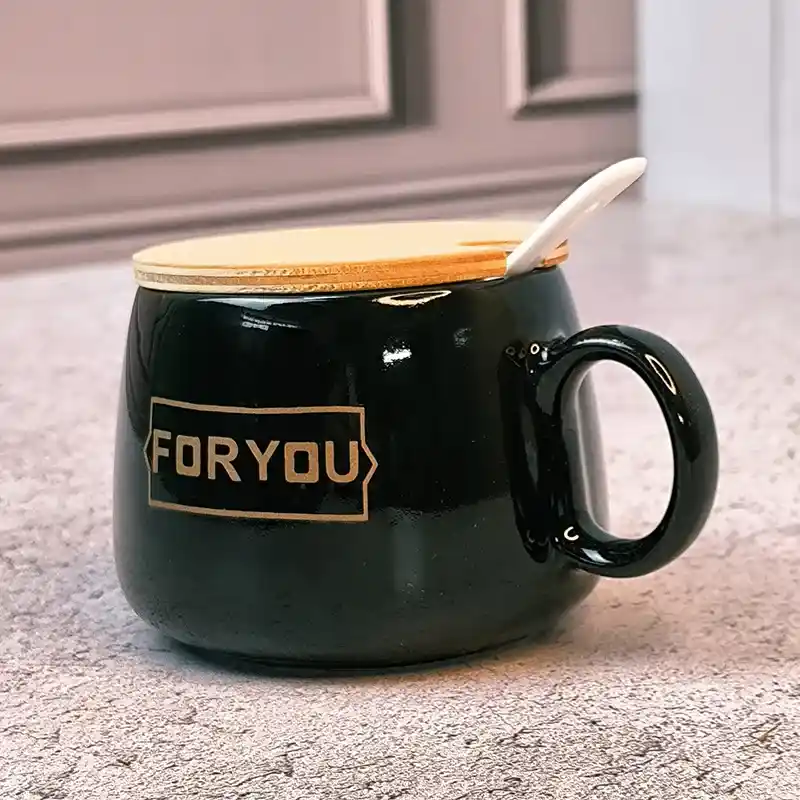 ماگ درب چوبی قاشق دار طرح FOR YOU